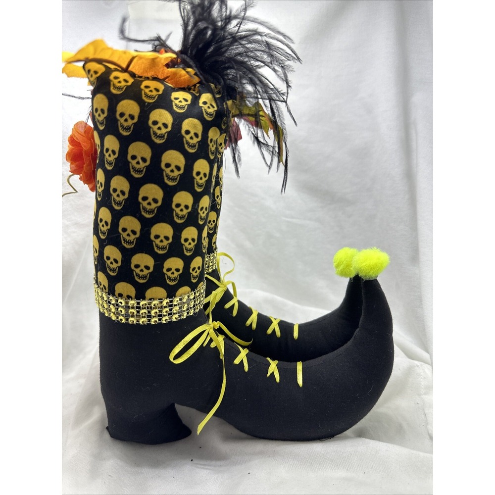 Halloween Witch Boot Table Decor Skulls Feathers Rhinestones Spooky
